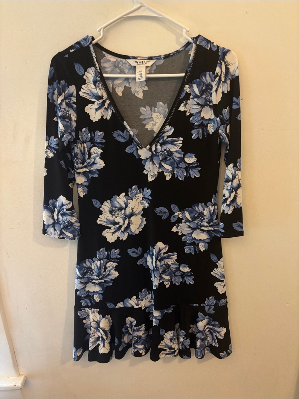 White House Black Market Blue & Black Floral Ruffle Flounce Hem Dress Sz xxs